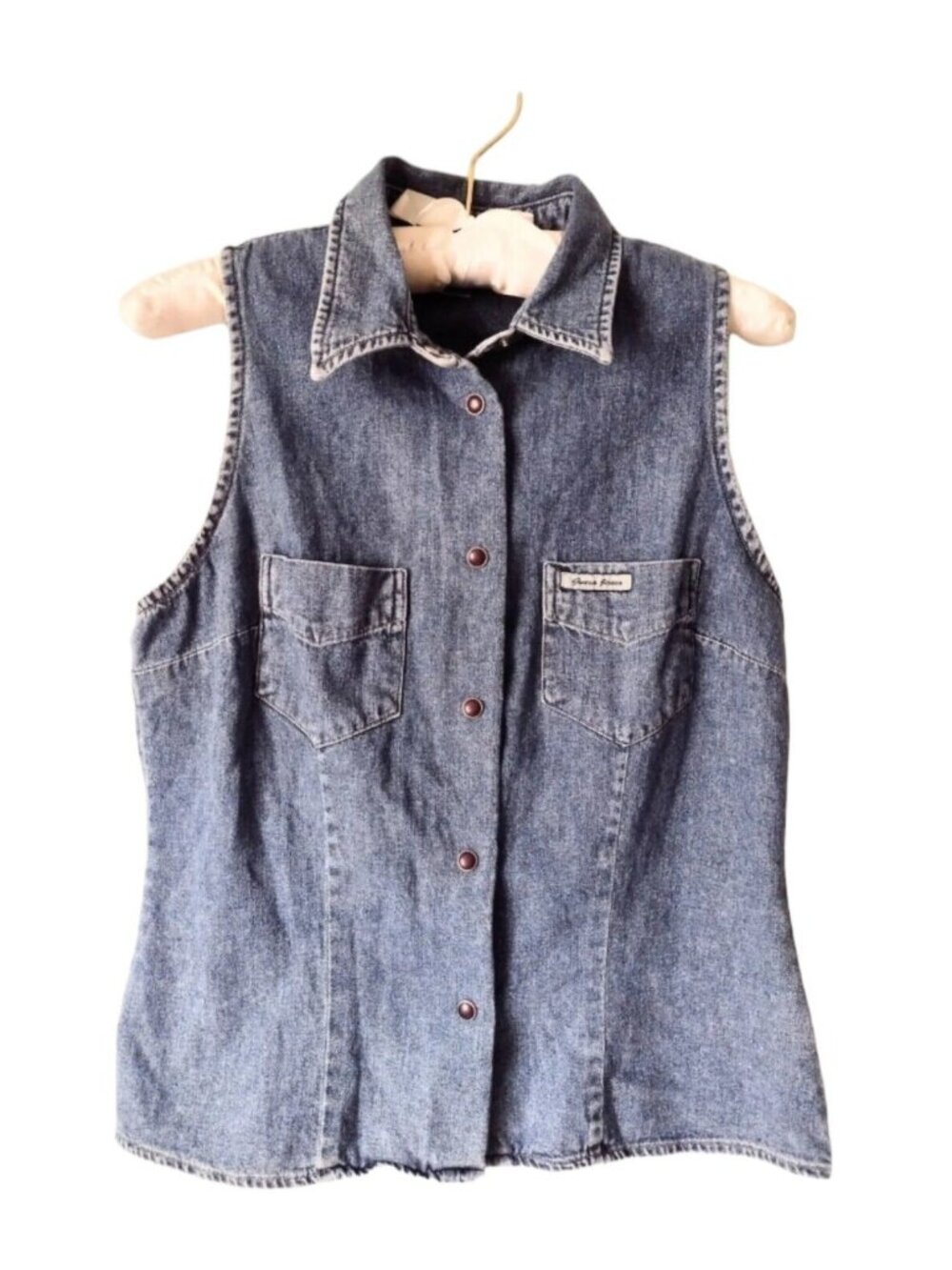 Guess Jeans Y2K Denim Snap Tailored Top M Sleeveless Western Biker Blue Vintage